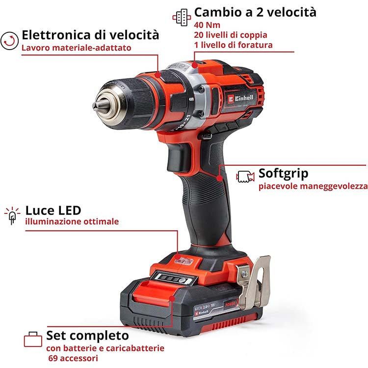 EINHELL - Trapano a batteria  TE-CD 18/40 Li (Kit +69)